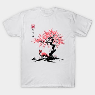 Minimalist Fox Ink Japanese Streetwear Novelty Retro Red Fox T-Shirt